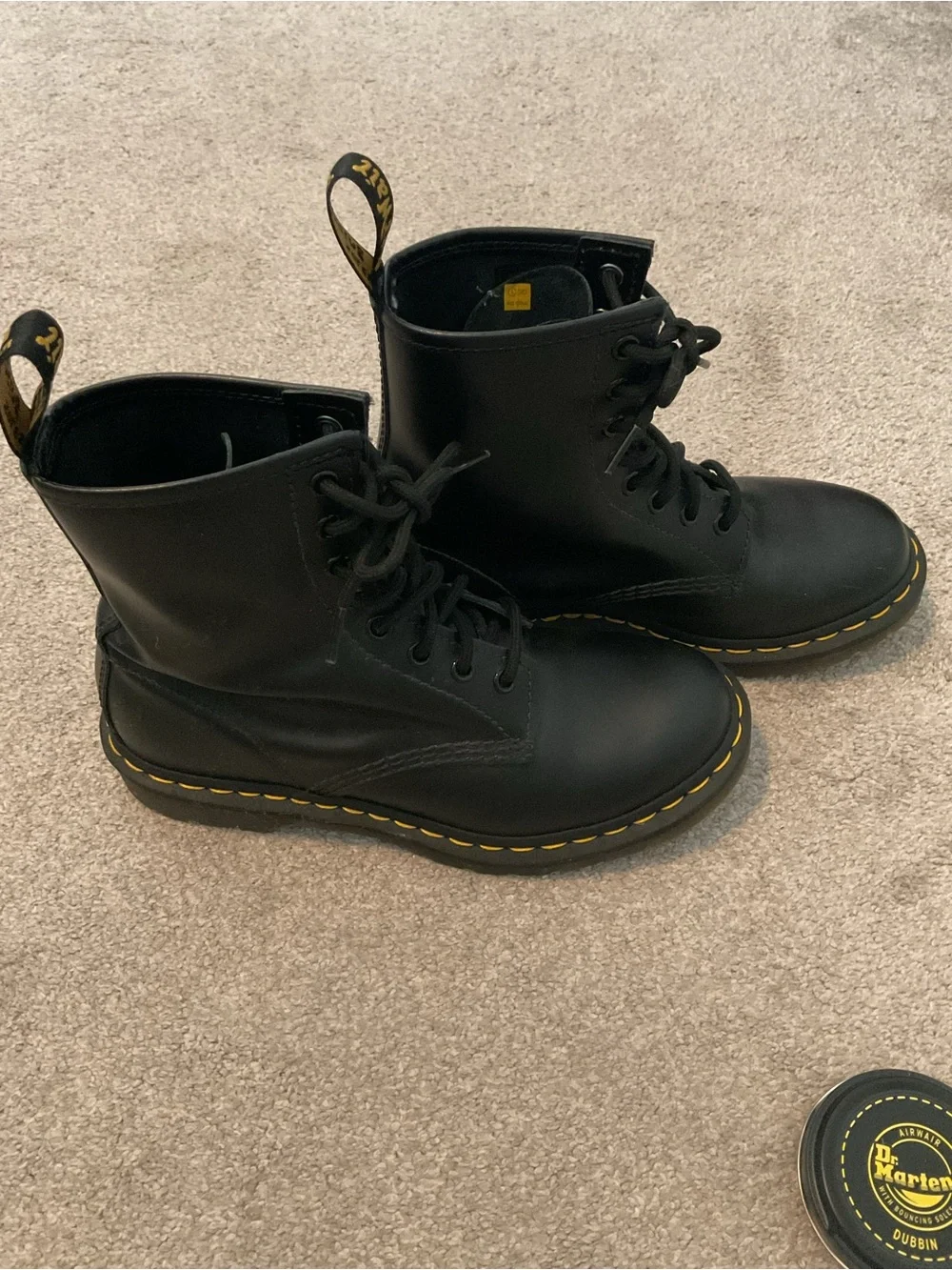 Dr. Martens Black Leather Lace-Up Boots with Yellow Stitching